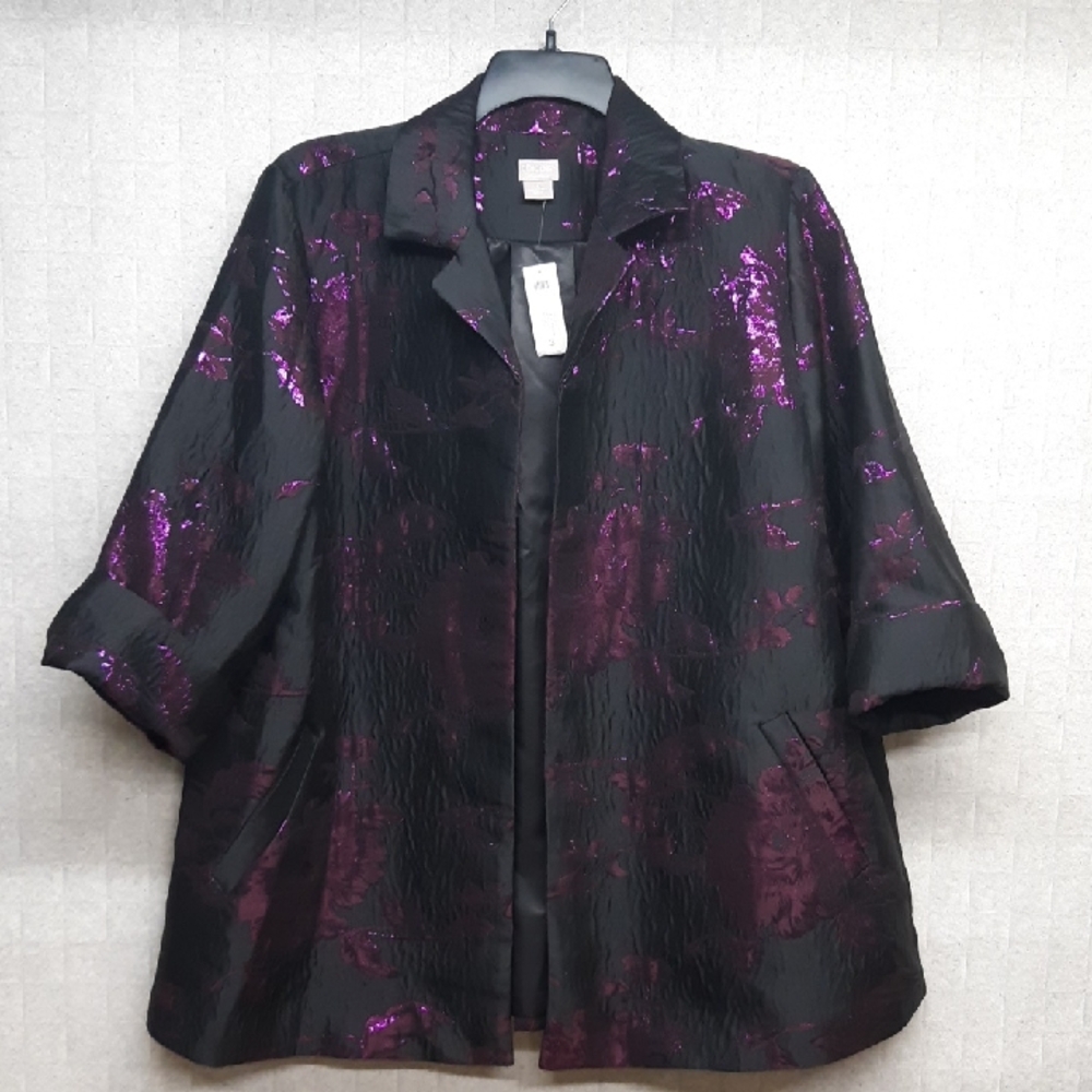 Chico's Black and Plum Open Front Jacquard Jacket  - NWT
